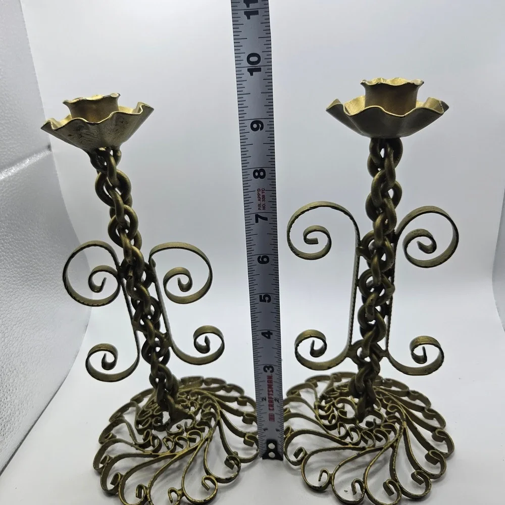 Vintage Wrought Iron Candle Holders Pair Ornate Gold Tone Metal‎ Candlesticks